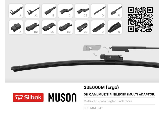 SİLECEK SÜPÜRGESİ MUZ TİPİ 600mm A. BC.C2.D VE U TİPİ KOLLAR ICIN MULTİ ADAPTORLÜ