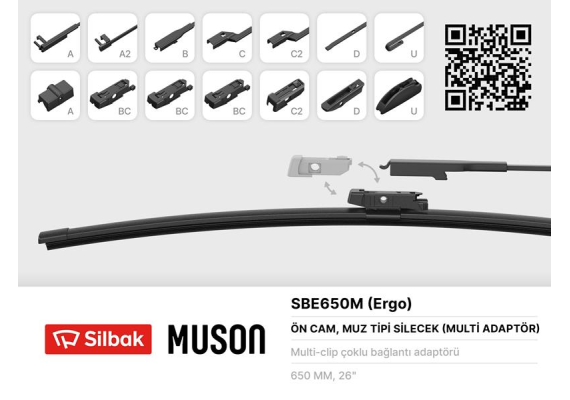 SİLECEK SÜPÜRGESİ MUZ TİPİ 650mm A. BC.C2.D VE U TİPİ KOLLAR ICIN MULTİ ADAPTORLÜ