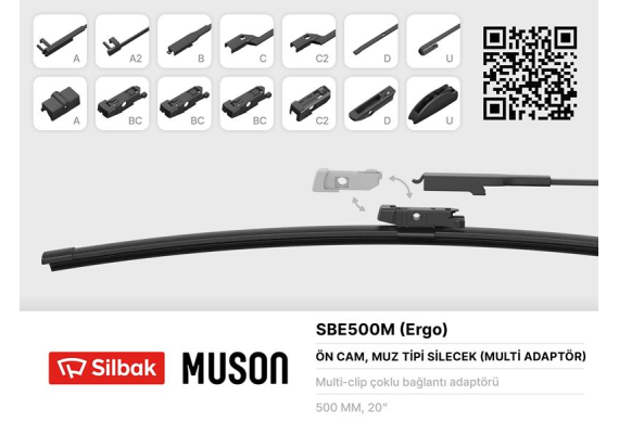 SİLECEK SÜPÜRGESİ MUZ TİPİ 500mm A. BC.C2.D VE U TİPİ KOLLAR ICIN MULTİ ADAPTORLÜ